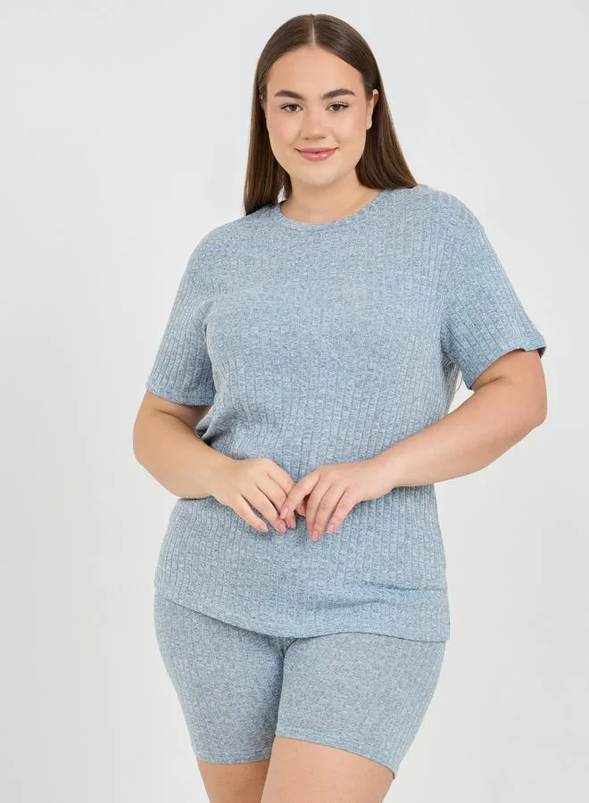 ستايلي Ribbed Short Sleeve T-Shirt & Cycling Shorts Lounge Set