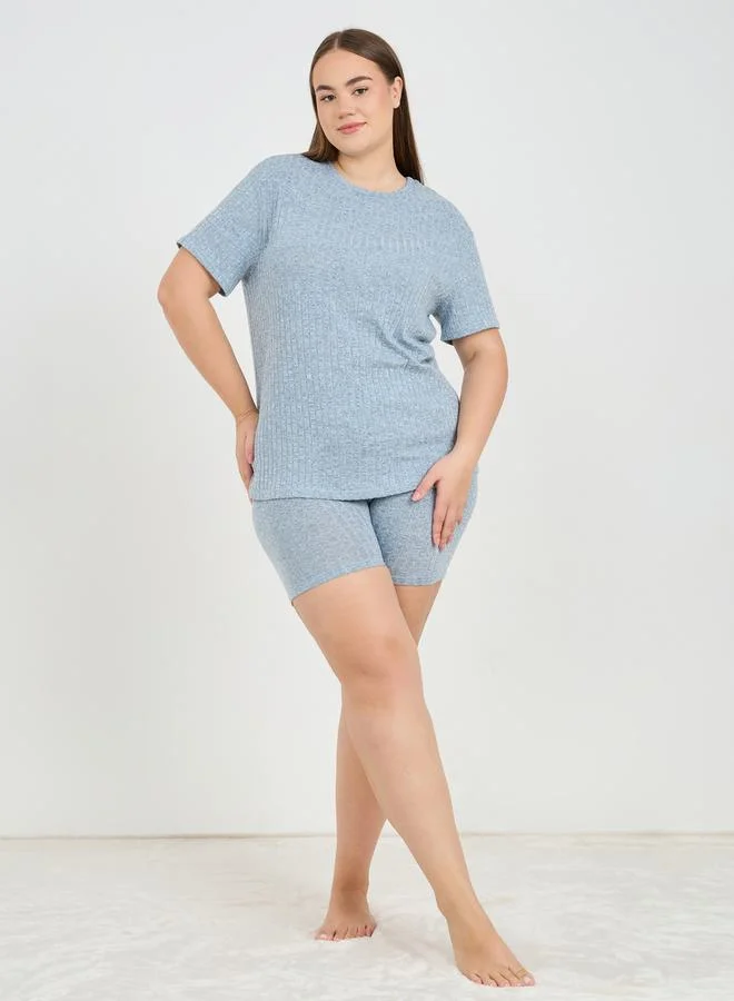ستايلي Ribbed Short Sleeve T-Shirt & Cycling Shorts Lounge Set
