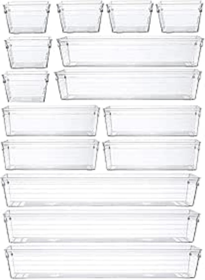 Grace Store 15 PCS Clear Plastic Drawer Organizer Tray for Makeup, Kitchen Utensils, Jewelries, and Gadgets