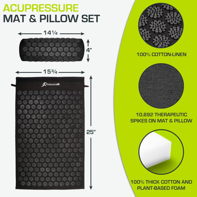 ProsourceFit Acupressure Mat and Pillow Set for Back/Neck Pain Relief and Muscle Relaxation, Large - Black/Black - Image 2