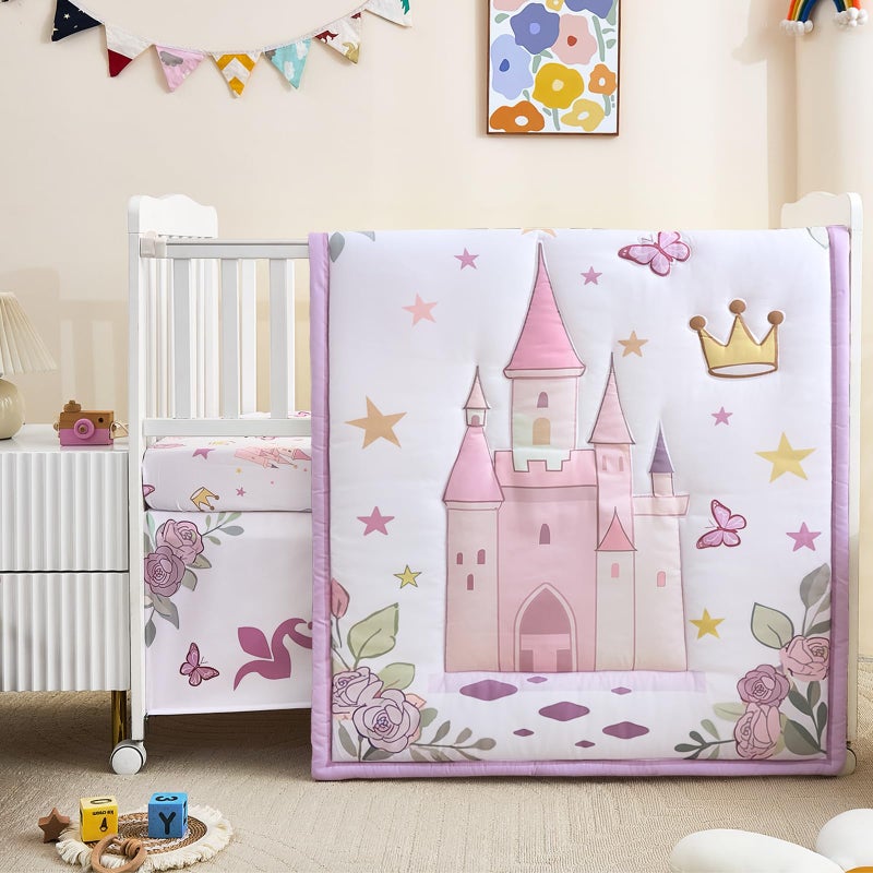 NacoMoco 3-Piece Crib Bedding Set for Girls - Ultra Soft Baby Bedding Set Includes Crib Comforter, Sheet & Skirt (Purple) - Image 1