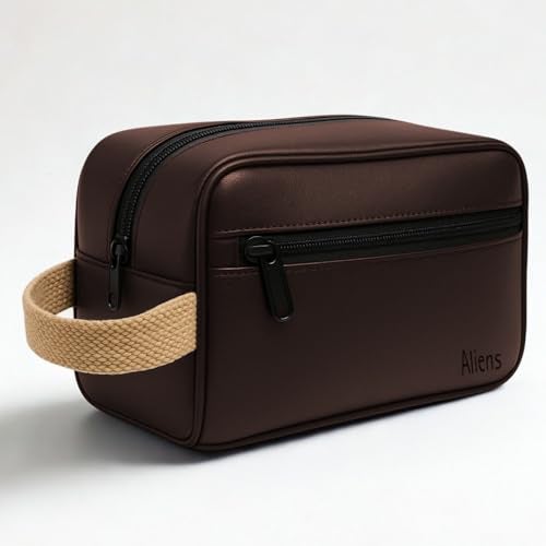 Aliens Multipurpose Travel Organizer Vegan Leather Pouch for Men and Women, Hanging Dopp Kit, Water-Repellent Bag for Toiletry, Shaving Kit, Cosmetics & Makeup, Jewellery, Gadget, Accessories-Brown - Image 1