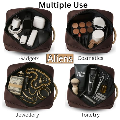Aliens Multipurpose Travel Organizer Vegan Leather Pouch for Men and Women, Hanging Dopp Kit, Water-Repellent Bag for Toiletry, Shaving Kit, Cosmetics & Makeup, Jewellery, Gadget, Accessories-Brown - Image 3