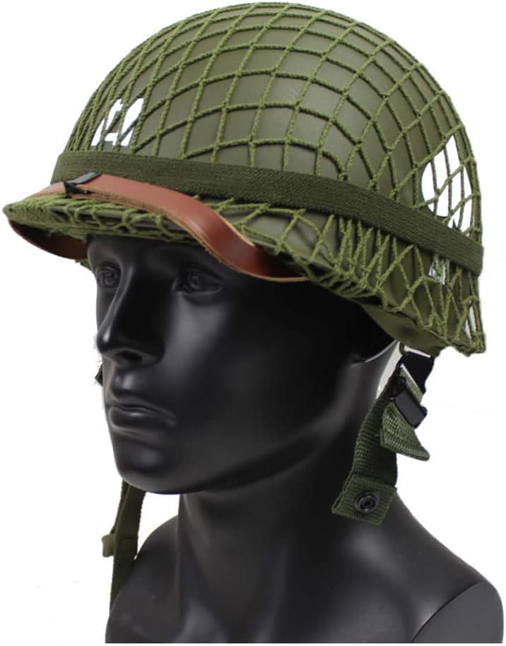 WXKHV WWII US Army M1 Green Helmet Replica with Net and Canvas Chin Strap - Image 1