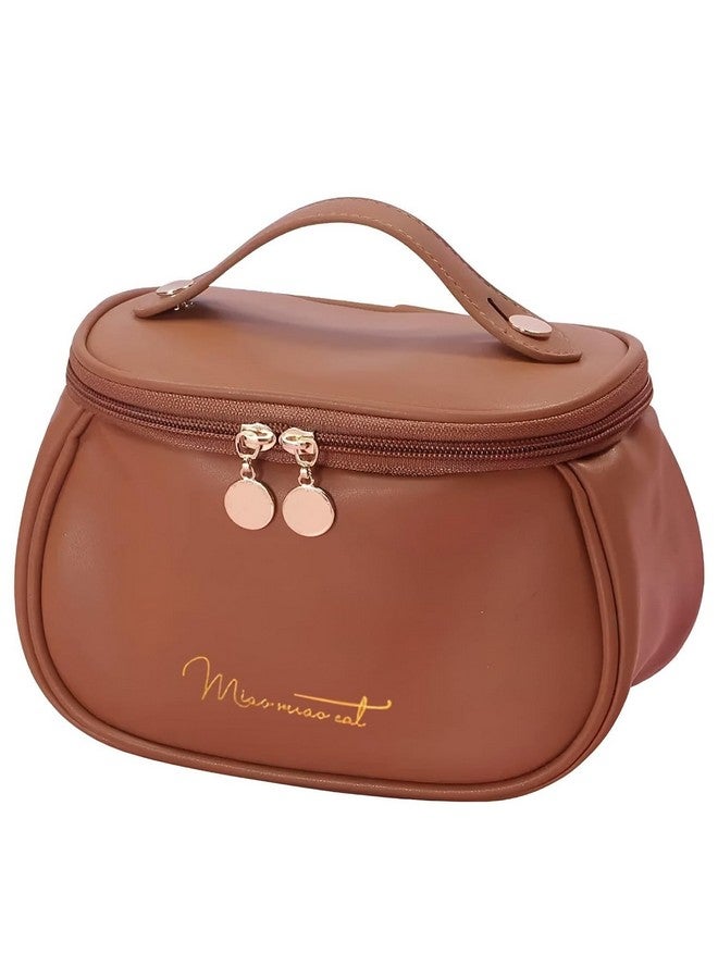 NANIAAY Portable Cosmetic Bag, PU Leather Makeup Storage Bag, Multifunctional Vanity Bag with Handle, 30 cm (Brown) - Image 1