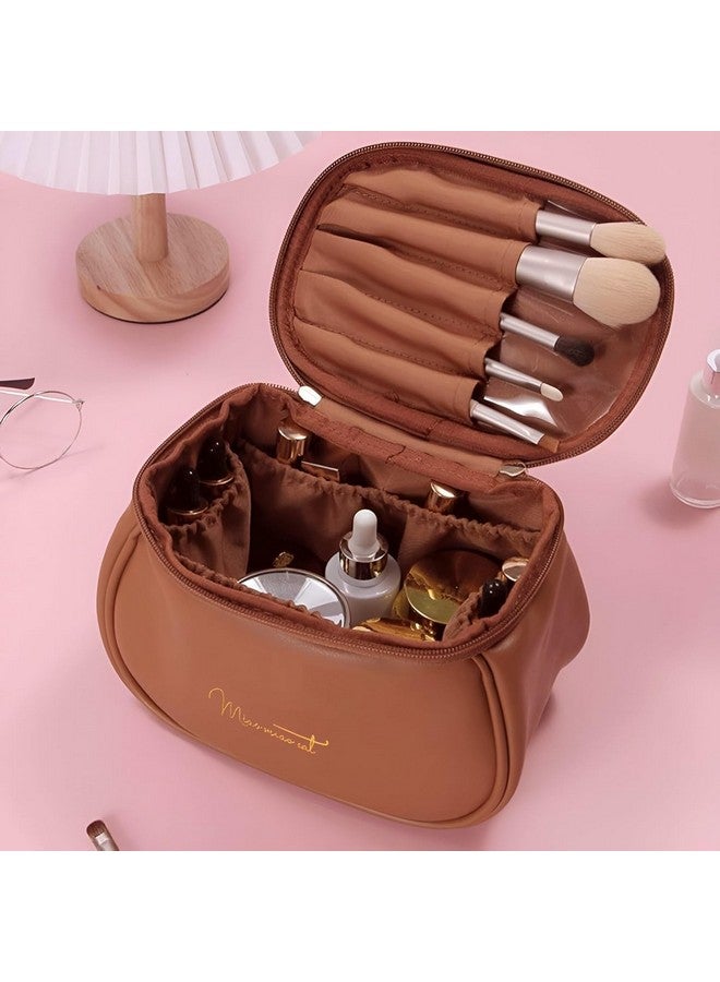 NANIAAY Portable Cosmetic Bag, PU Leather Makeup Storage Bag, Multifunctional Vanity Bag with Handle, 30 cm (Brown) - Image 3