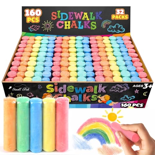 SMALL FISH 160Pcs Sidewalk Chalk Set in 5 Colors 32 Packs Washable Jumbo Sidewalk Chalk Bulk for Kids Outdoor Art NonToxic Dustless Giant Box Chalkboard Chalk for Toddler Painting on Blackboard Party - Image 1