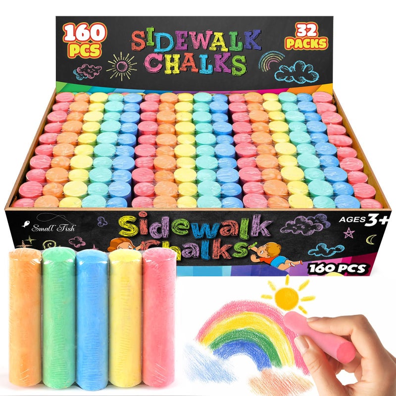 SMALL FISH 160Pcs Sidewalk Chalk Set in 5 Colors 32 Packs Washable Jumbo Sidewalk Chalk Bulk for Kids Outdoor Art NonToxic Dustless Giant Box Chalkboard Chalk for Toddler Painting on Blackboard Party - Image 2