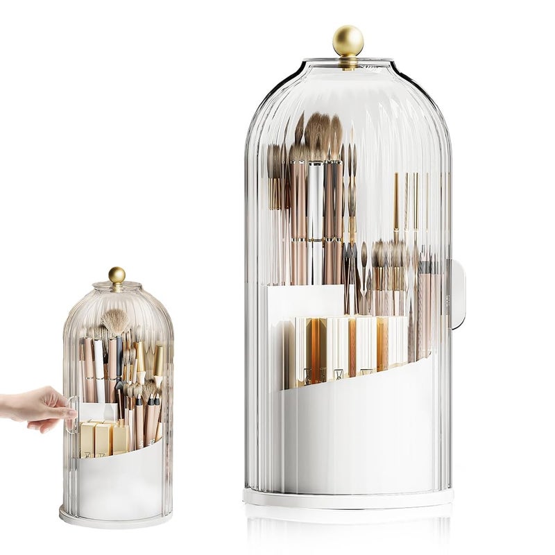 HoopVool® Makeup Brush Holder With Lid,360° Rotating Organizer, Nail Polish Perfume Lipstick Pen-Pencil Paint Brush Stationary, Multifunctional Dressing Table Storage (White) - Image 1