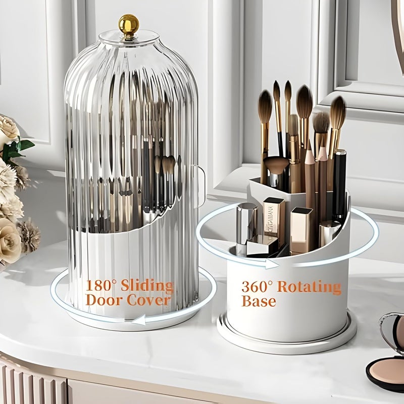 HoopVool® Makeup Brush Holder With Lid,360° Rotating Organizer, Nail Polish Perfume Lipstick Pen-Pencil Paint Brush Stationary, Multifunctional Dressing Table Storage (White) - Image 3