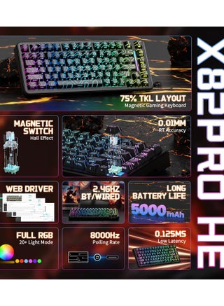 لوحة مفاتيح الألعاب الميكانيكية X82PRO HE اللاسلكية سريعة التشغيل RGB مع تشغيل قابل للتعديل، 2.4 جيجاهرتز/سلكي/بلوتوث، معدل استطلاع 8K، مفتاح مغناطيسي بتأثير هول، بطارية 5000 مللي أمبير في الساعة (لون أسود) - view 2