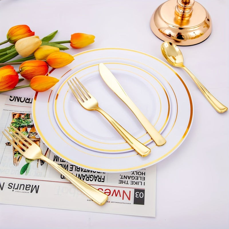 75 25 Pieces Golden Plastic Cutlery Set For Table Service Knives Forks Spoons Family Dinner Party Birthday Holiday Gift - Image 2