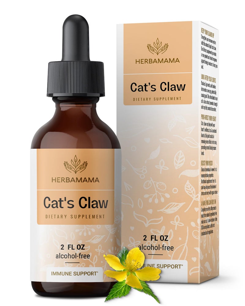 HERBAMAMA Cats Claw Tincture Vegan Cats Claw Extract Supplement for Immune Support NonGMO Alcohol SugarFree Uncaria Tomentosa Drops