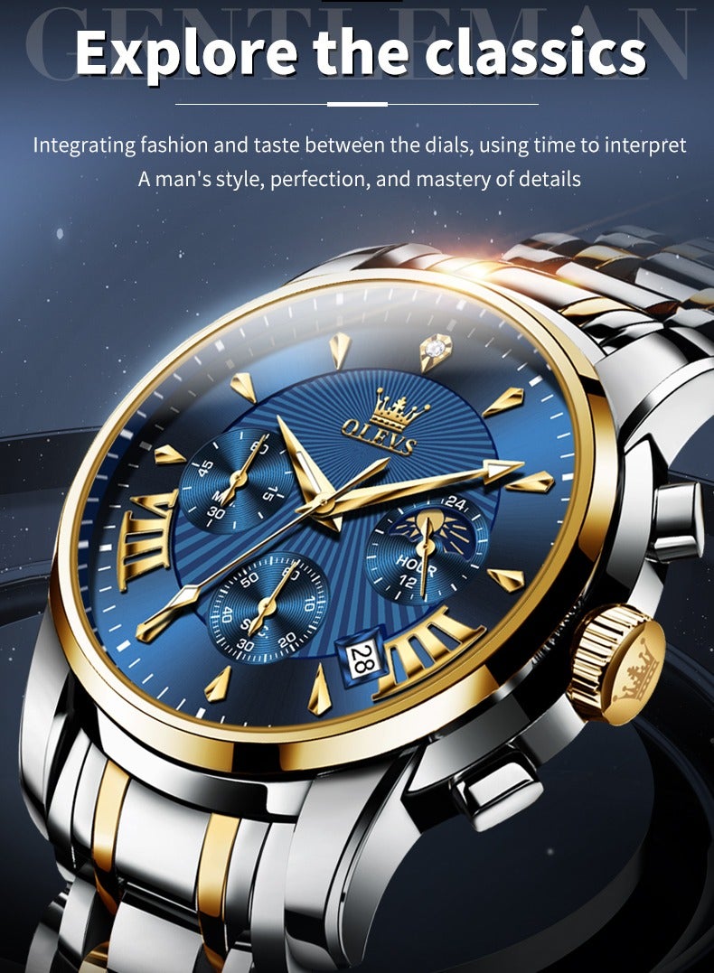 OLEVS Watches for Men Fashion Stainless Steel Quartz Chronograph Water Resistant Watch 41mm 2892 Business Gold Blue Quartz Watches - Image 3