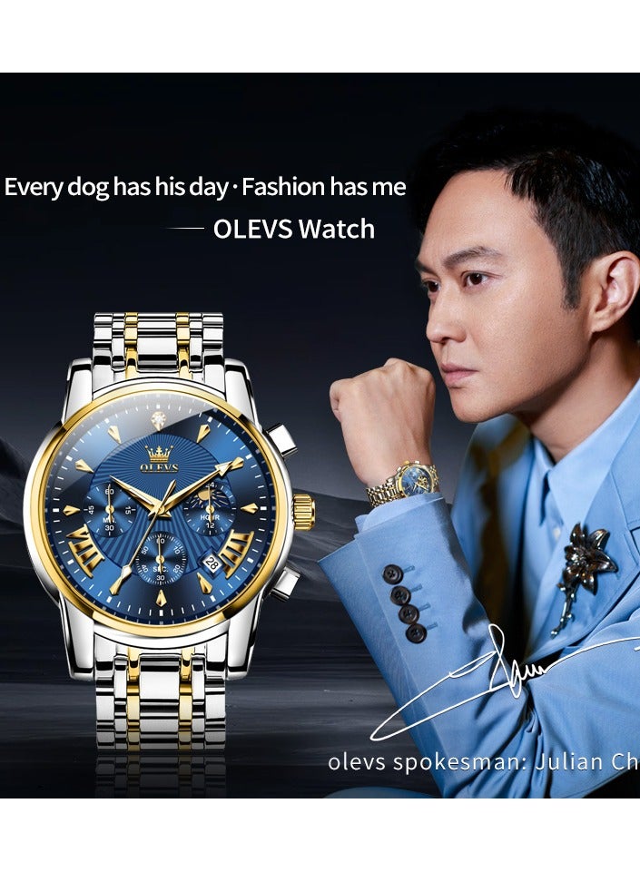 OLEVS Watches for Men Fashion Stainless Steel Quartz Chronograph Water Resistant Watch 41mm 2892 Business Gold Blue Quartz Watches - Image 2