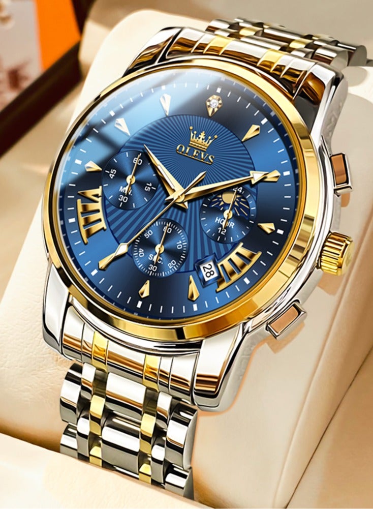 OLEVS Watches for Men Fashion Stainless Steel Quartz Chronograph Water Resistant Watch 41mm 2892 Business Gold Blue Quartz Watches - Image 1