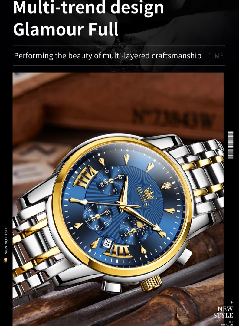 OLEVS Watches for Men Fashion Stainless Steel Quartz Chronograph Water Resistant Watch 41mm 2892 Business Gold Blue Quartz Watches - Image 5