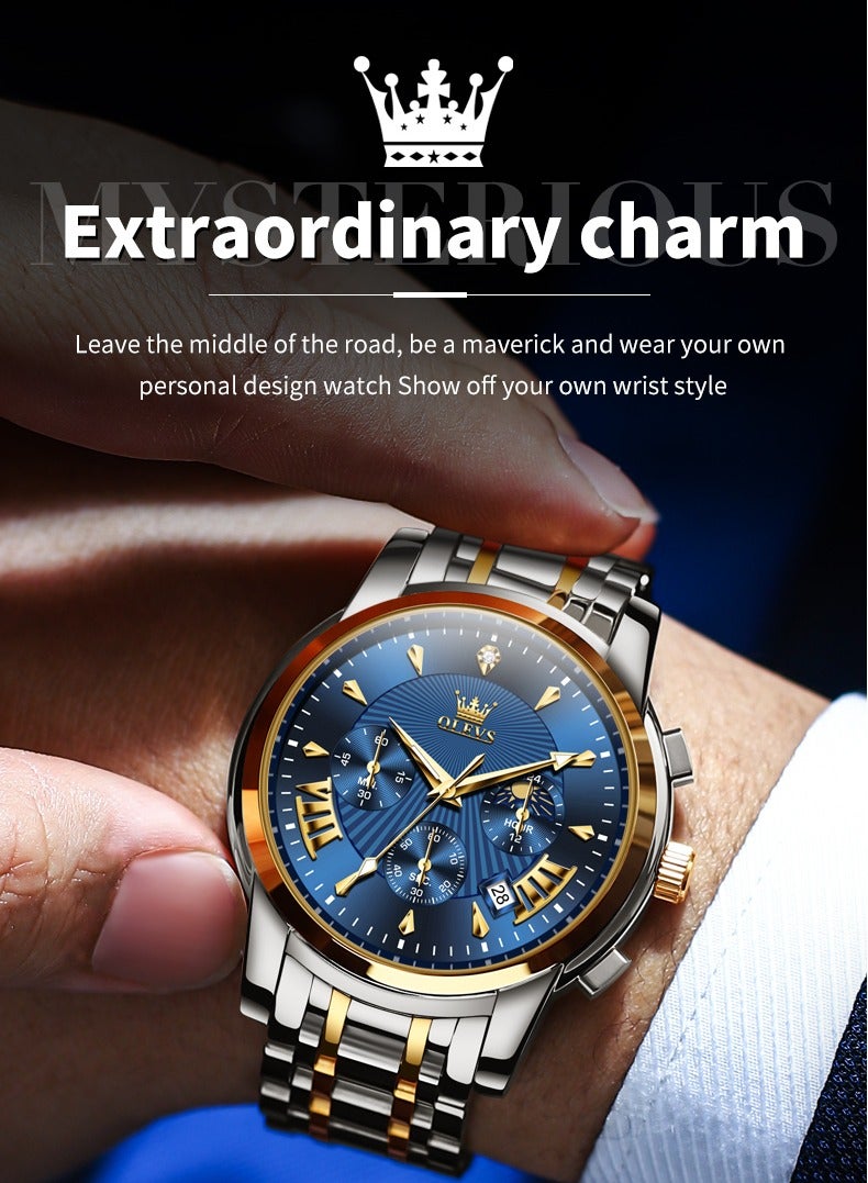 OLEVS Watches for Men Fashion Stainless Steel Quartz Chronograph Water Resistant Watch 41mm 2892 Business Gold Blue Quartz Watches - Image 4