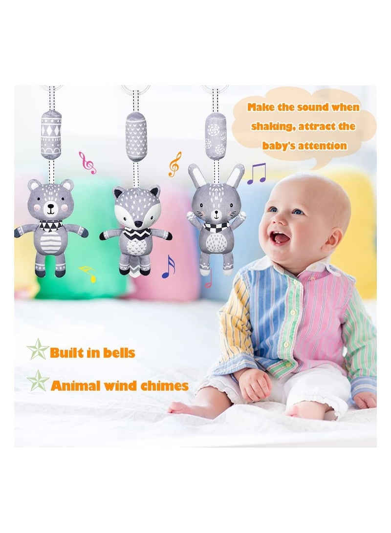 KASTWAVE 3 Pack Hanging Rattle Toys, Cartoon White Black Stuffed Stroller Plush Toys for Newborn 0-36 Month Baby Bed Crib Toys with Wind Chimes (Rabbit Fox Bear) - Image 2
