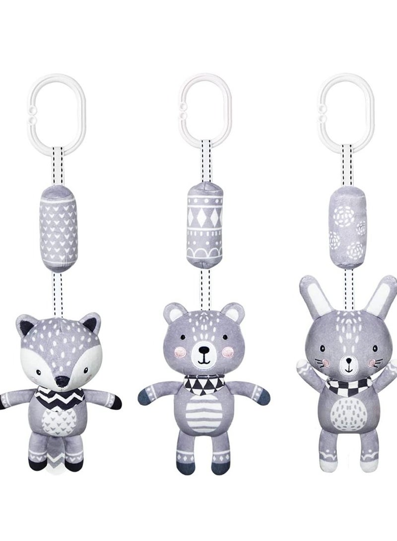 KASTWAVE 3 Pack Hanging Rattle Toys, Cartoon White Black Stuffed Stroller Plush Toys for Newborn 0-36 Month Baby Bed Crib Toys with Wind Chimes (Rabbit Fox Bear) - Image 1