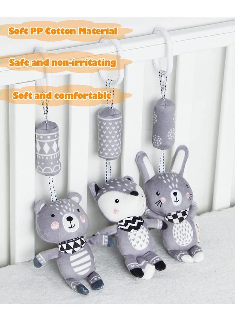 KASTWAVE 3 Pack Hanging Rattle Toys, Cartoon White Black Stuffed Stroller Plush Toys for Newborn 0-36 Month Baby Bed Crib Toys with Wind Chimes (Rabbit Fox Bear) - Image 3