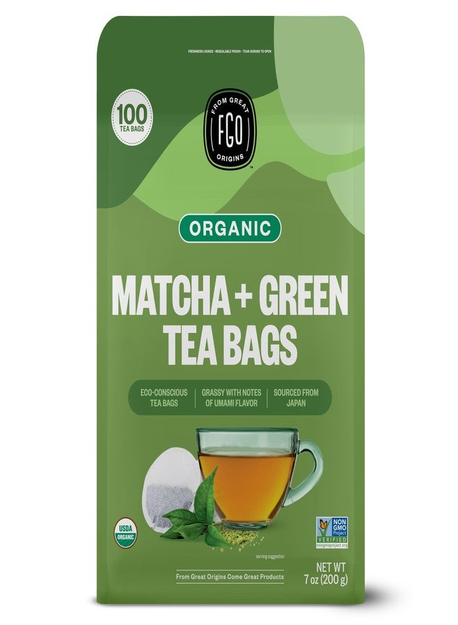 FGO Organic Japanese Matcha + Green Tea, 100 Count, Eco-Conscious Tea Bags, Resealable Bag, Packaging May Vary (Pack of 1) - Image 1