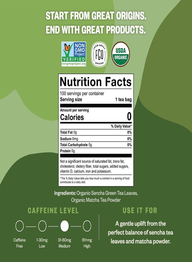 FGO Organic Japanese Matcha + Green Tea, 100 Count, Eco-Conscious Tea Bags, Resealable Bag, Packaging May Vary (Pack of 1) - Image 2