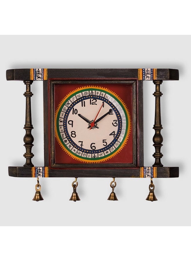 ExclusiveLane ExclusiveLane Warli Hand-Painted Living Room Bedroom Stylish Decorative Teak Wood Wall Clock (30.2 cm x 6.1 cm x 25.1 cm, Natural Dark Brown and Red), Abstract - Image 1