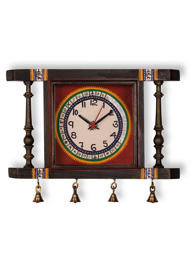 ExclusiveLane ExclusiveLane Warli Hand-Painted Living Room Bedroom Stylish Decorative Teak Wood Wall Clock (30.2 cm x 6.1 cm x 25.1 cm, Natural Dark Brown and Red), Abstract - Image 3