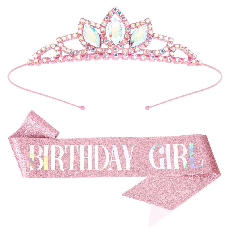 SuPoo Pink Birthday Tiara Crown for Girls - Crystal Rhinestone Princess Headband Accessory Gift - Image 1
