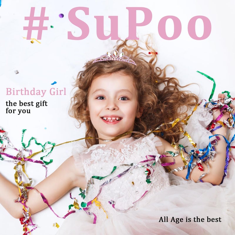 SuPoo Pink Birthday Tiara Crown for Girls - Crystal Rhinestone Princess Headband Accessory Gift - Image 2
