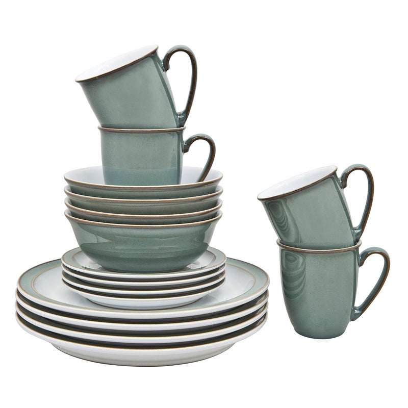 Denby  Regency Green Dinner Set For 4  16 Piece Ceramic Green White Tableware Set  Dishwasher Microwave Safe Crockery Set  4 x Dinner Plates 4 x Small Plates 4 x Cereal Bowls 4 x Mugs