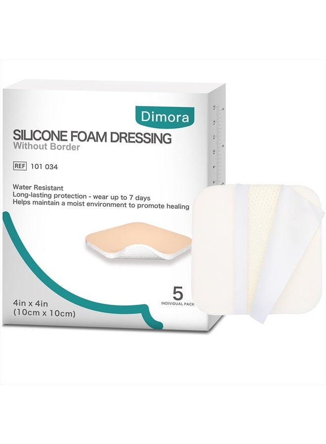 Dimora Silicone Foam Dressing Without Border 4"x 4" Highly Absorbent Adhesive Wound Bandage Cuttable Pads for Wound Care 5 Pack - Image 1