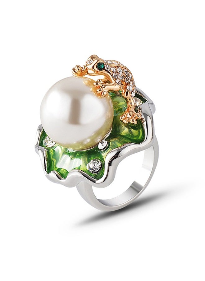 Beyond Lotus Leaf Lucky Frog diamonds Ring, 14K Gold Plated Anti Fading Titanium Pearl Ring, Luxury Gold Ring for Women (Colorful)  - Image 1