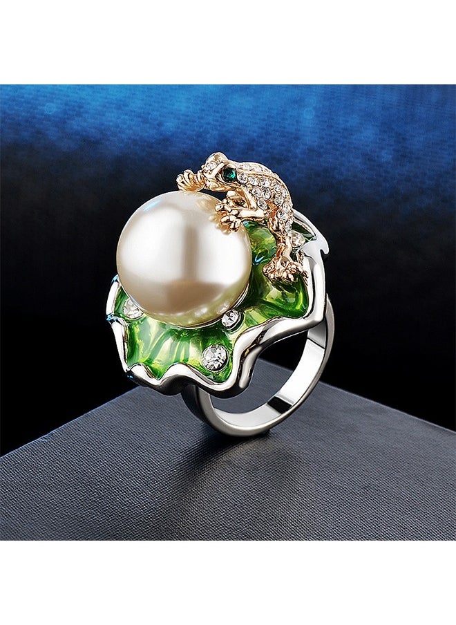 Beyond Lotus Leaf Lucky Frog diamonds Ring, 14K Gold Plated Anti Fading Titanium Pearl Ring, Luxury Gold Ring for Women (Colorful)  - Image 3