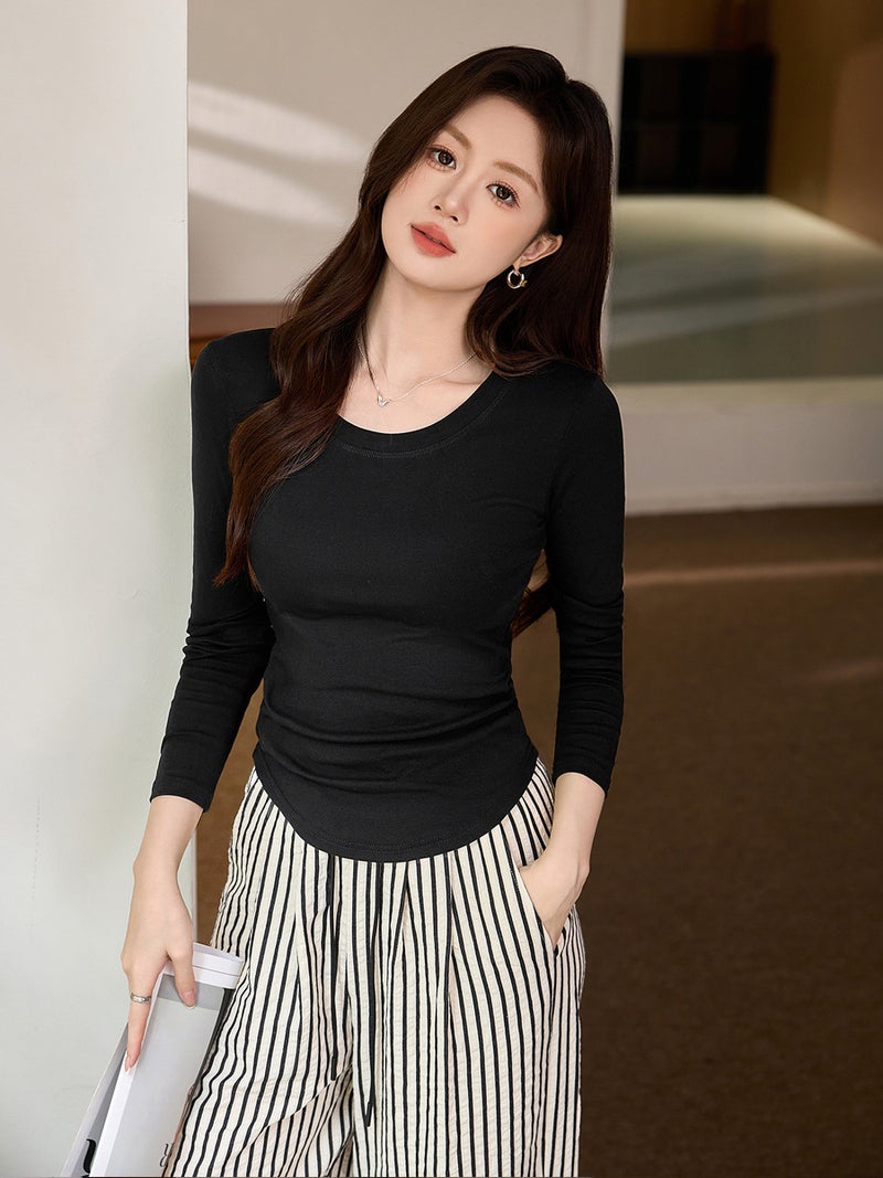 Selected Pure Cotton Round Neck Long-Sleeved T-Shirt for Women 2025 Autum New Inner Curved Top Slim Right Shoulder Bottoming Shirt - Image 3