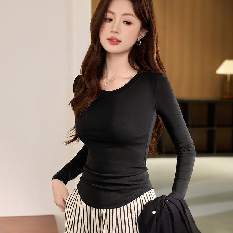 Selected Pure Cotton Round Neck Long-Sleeved T-Shirt for Women 2025 Autum New Inner Curved Top Slim Right Shoulder Bottoming Shirt - Image 1
