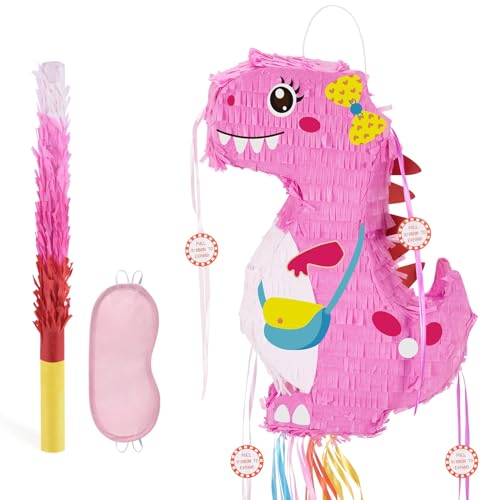 WERNNSAI Foldable Dinosaur Piata Pull String Dinosaur Birthday Party Supplies Extendable Piata with Blindfold Bat and Tassels Dinosaur Birthday Decoration Pink Dinosaur Piatas for Classroom Game - Image 1