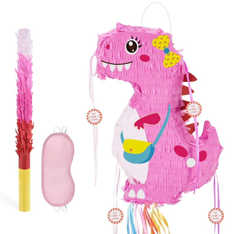 WERNNSAI Foldable Dinosaur Piata Pull String Dinosaur Birthday Party Supplies Extendable Piata with Blindfold Bat and Tassels Dinosaur Birthday Decoration Pink Dinosaur Piatas for Classroom Game - Image 2