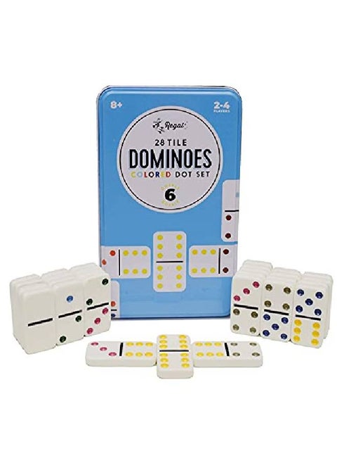Double 6 Dominoes Colored Dots Set Fun Familyfriendly Dominoes Game Includes 28 Tiles & Collectors Tin Ideal For 24 Players Ages 8 For Kids And Adults