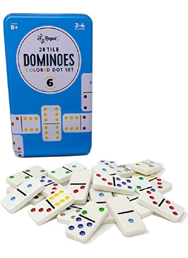 Double 6 Dominoes Colored Dots Set Fun Familyfriendly Dominoes Game Includes 28 Tiles & Collectors Tin Ideal For 24 Players Ages 8 For Kids And Adults