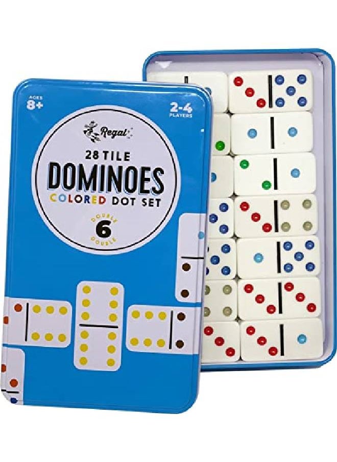 Double 6 Dominoes Colored Dots Set Fun Familyfriendly Dominoes Game Includes 28 Tiles & Collectors Tin Ideal For 24 Players Ages 8 For Kids And Adults