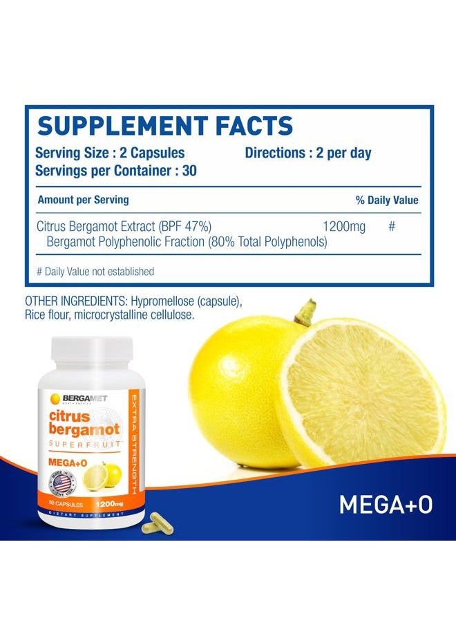Citrus Bergamot Supplement, 170:1 Extract, 1200mg per Serving, 80% Polyphenols, Italian Citrus Bergamot Supplement for High Cholesterol, 120 Capsules, 2 Months, Made in The USA