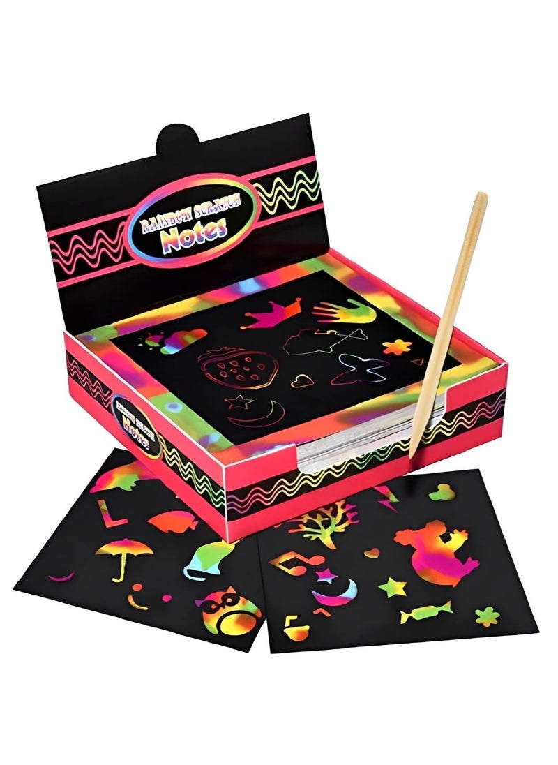 Scratch Paper for Kids 100 Pcs Rainbow Scratch Art Notes Paper Combo Set Colorful Art Doodle Pad with 2 Wooden Styluses and 2 Drawing Template