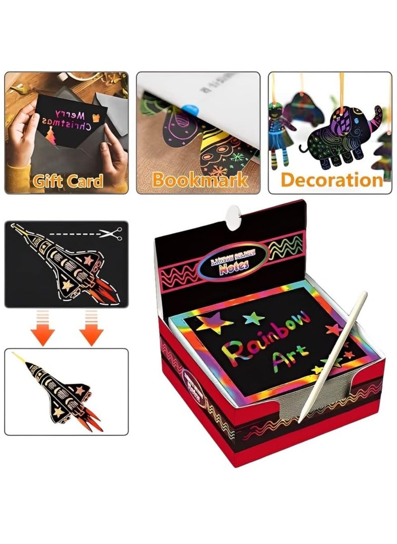Scratch Paper for Kids 100 Pcs Rainbow Scratch Art Notes Paper Combo Set Colorful Art Doodle Pad with 2 Wooden Styluses and 2 Drawing Template