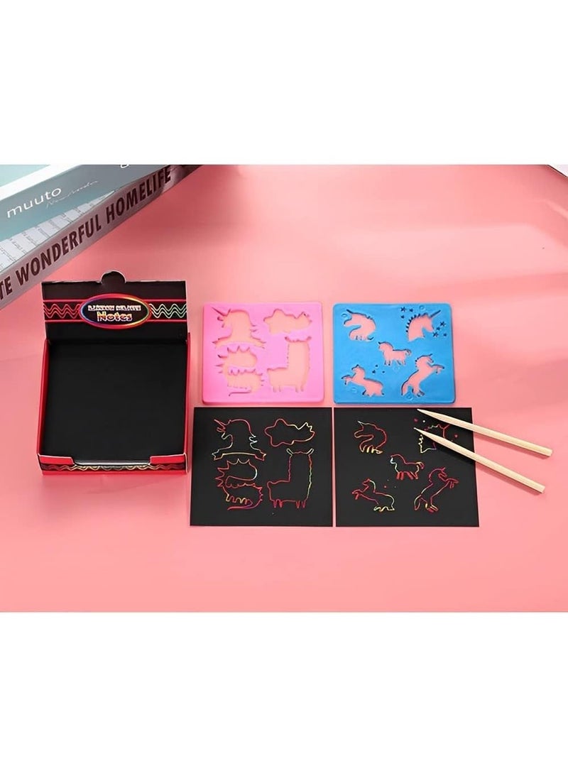 Scratch Paper for Kids 100 Pcs Rainbow Scratch Art Notes Paper Combo Set Colorful Art Doodle Pad with 2 Wooden Styluses and 2 Drawing Template