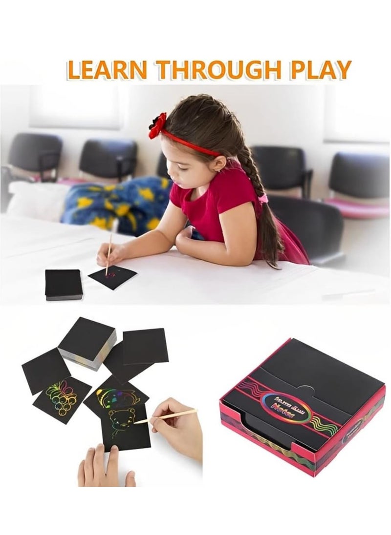 Scratch Paper for Kids 100 Pcs Rainbow Scratch Art Notes Paper Combo Set Colorful Art Doodle Pad with 2 Wooden Styluses and 2 Drawing Template