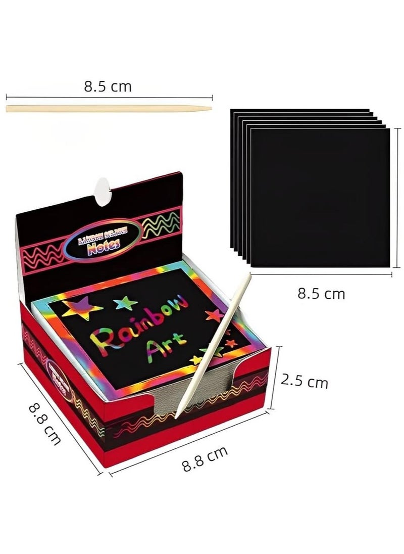 Scratch Paper for Kids 100 Pcs Rainbow Scratch Art Notes Paper Combo Set Colorful Art Doodle Pad with 2 Wooden Styluses and 2 Drawing Template