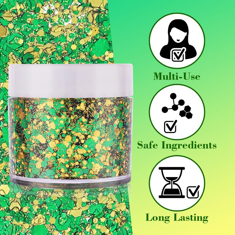 Paminify Green Face Glitter Gel,Mardi Gras Outfit for Women,Gold Hair Glitter Green St Patrick's Day Accessories, Self-Adhesive Carnival Face Paint Body Glitter Sparkling Festival Chunky Makeup - Image 4