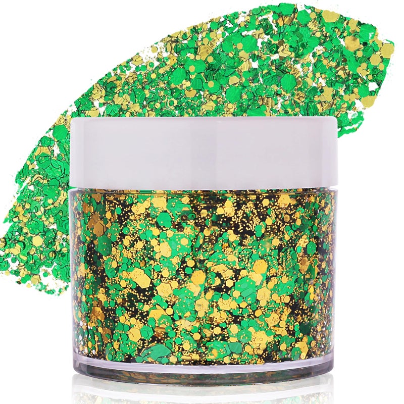 Paminify Green Face Glitter Gel,Mardi Gras Outfit for Women,Gold Hair Glitter Green St Patrick's Day Accessories, Self-Adhesive Carnival Face Paint Body Glitter Sparkling Festival Chunky Makeup - Image 1